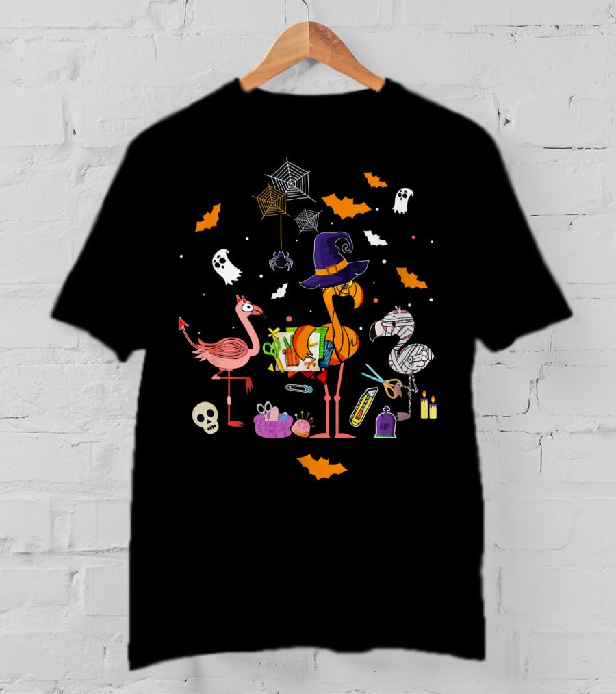 Halloween Scrapbooking Love With Witch Flamingo And Mummy Flamingo Ghosts Bats And Spiders T-Shirt
