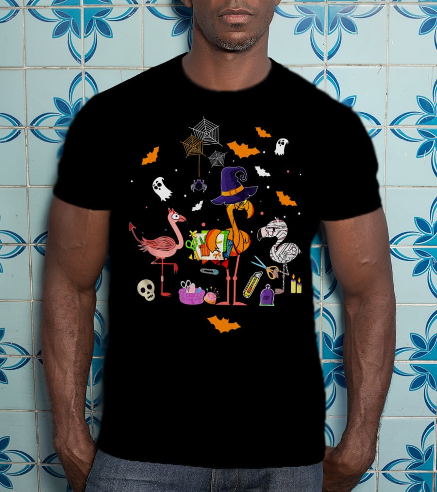 Halloween Scrapbooking Love With Witch Flamingo And Mummy Flamingo Ghosts Bats And Spiders T-Shirt