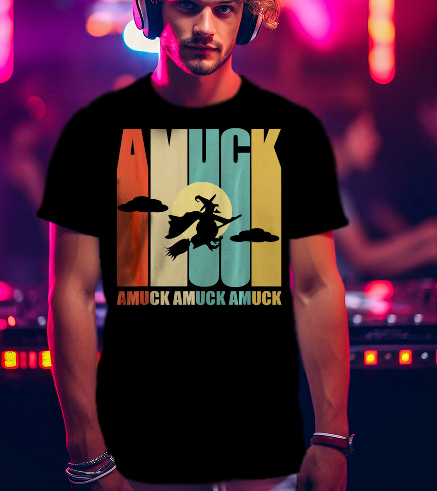 Amuck Amuck Amuck Vintage Witch On Broom Silhouette With Sunset Background T-Shirt