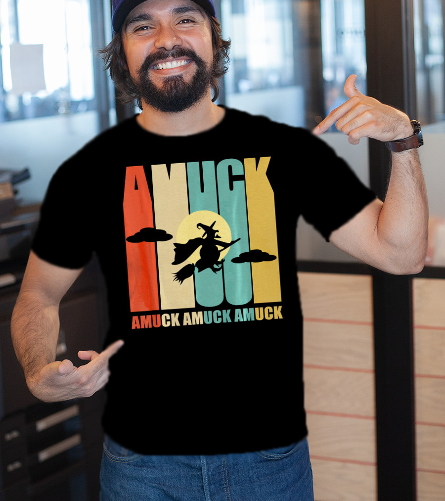 Amuck Amuck Amuck Vintage Witch On Broom Silhouette With Sunset Background T-Shirt