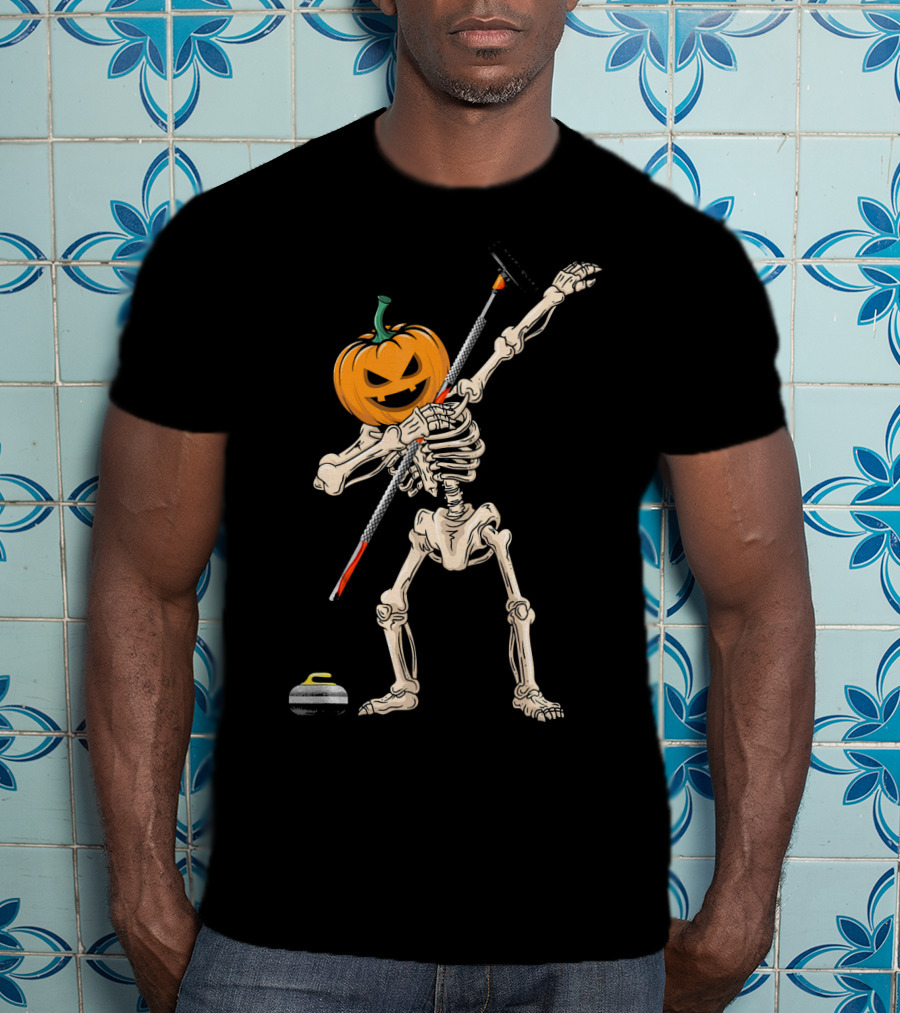 Pumpkin Skeleton Dabbing Curling Halloween T-Shirt