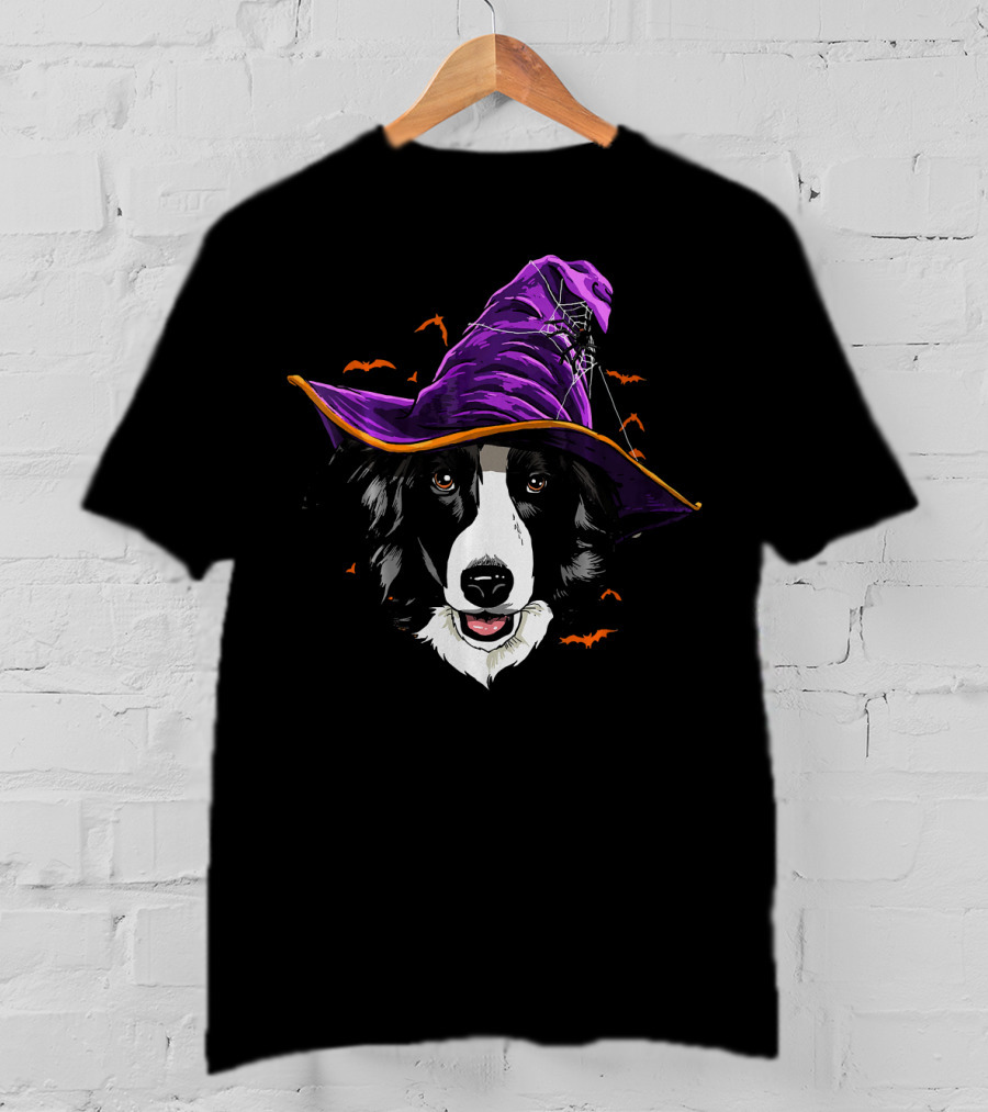 Border Collie Halloween Witch Hat With Flying Bats T-Shirt