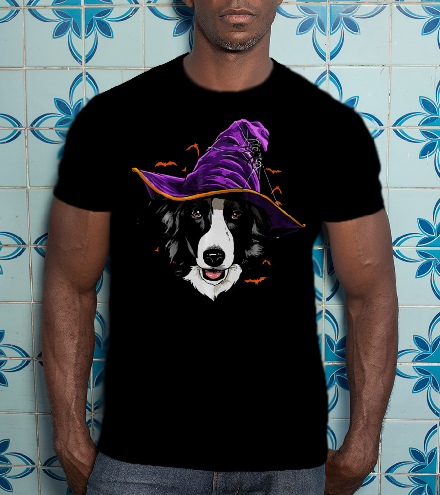 Border Collie Halloween Witch Hat With Flying Bats T-Shirt