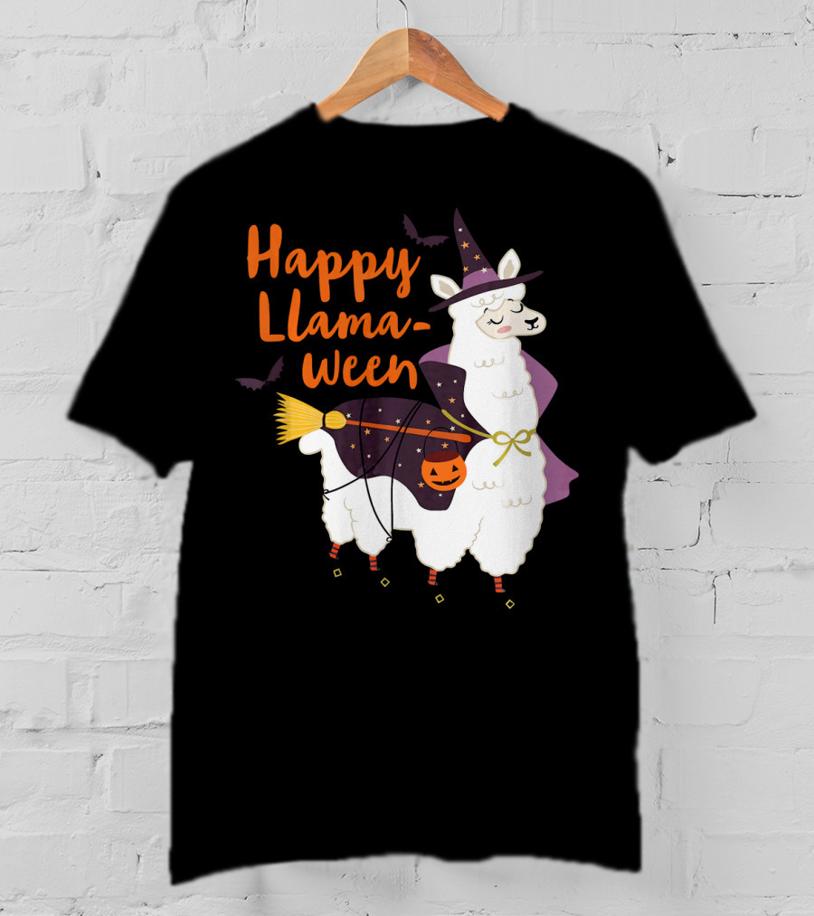 Happy Llamaween Witchy Halloween Llama With Hat And Broom T-Shirt