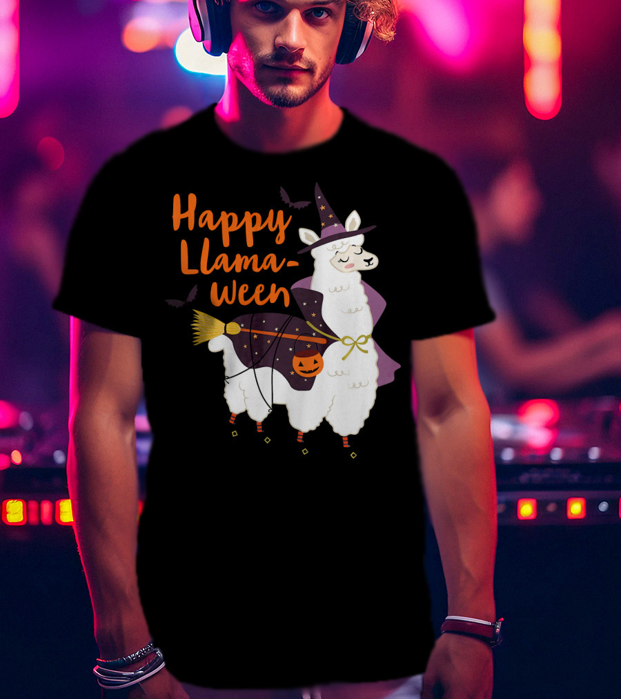 Happy Llamaween Witchy Halloween Llama With Hat And Broom T-Shirt