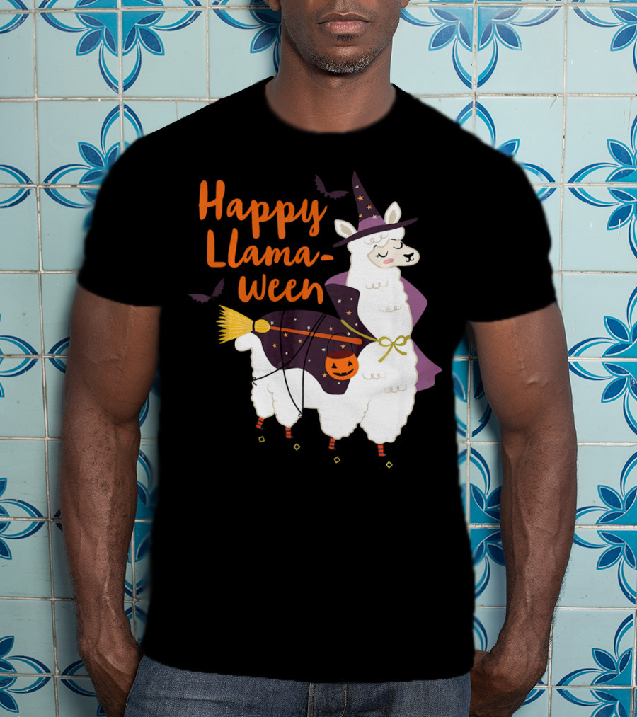 Happy Llamaween Witchy Halloween Llama With Hat And Broom T-Shirt
