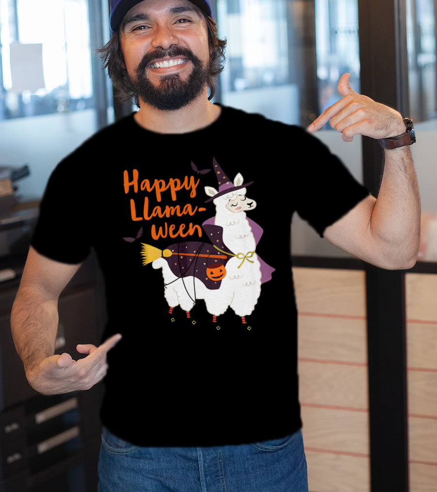 Happy Llamaween Witchy Halloween Llama With Hat And Broom T-Shirt