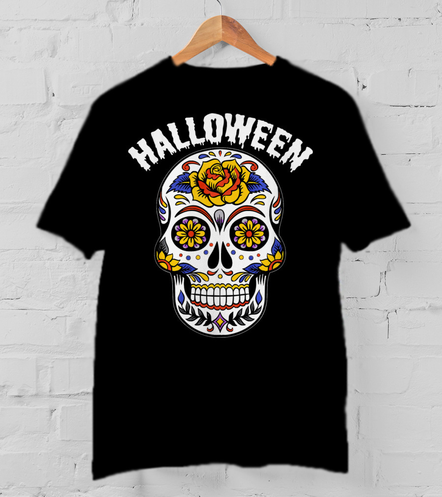 Halloween Calaveras Skull With Floral T-Shirt