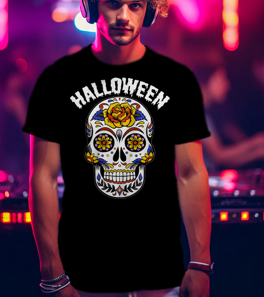 Halloween Calaveras Skull With Floral T-Shirt