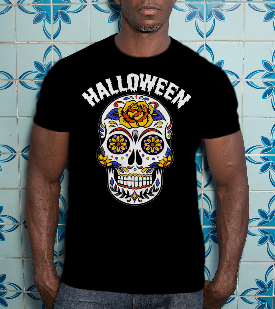Halloween Calaveras Skull With Floral T-Shirt