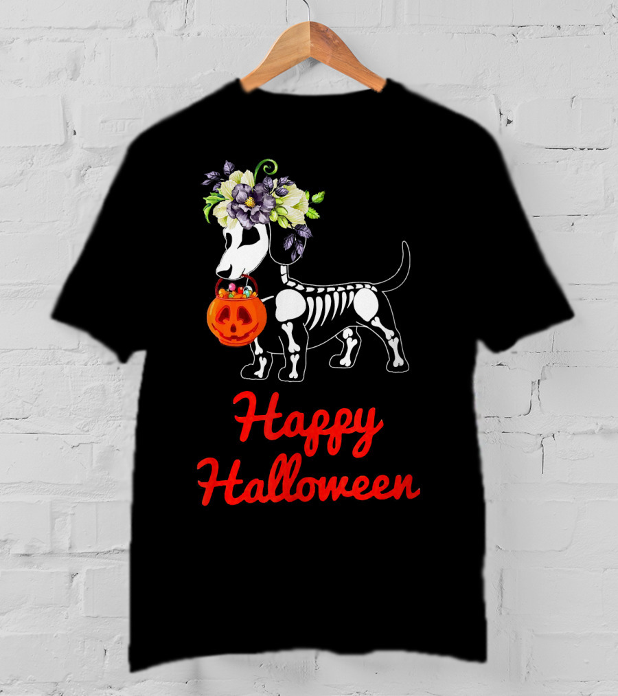 Happy Halloween Skeleton Dachshund With Pumpkin And Floral Crown T-Shirt