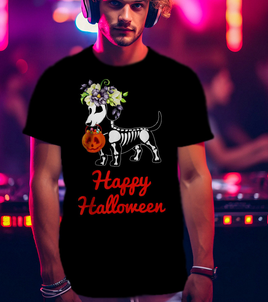 Happy Halloween Skeleton Dachshund With Pumpkin And Floral Crown T-Shirt