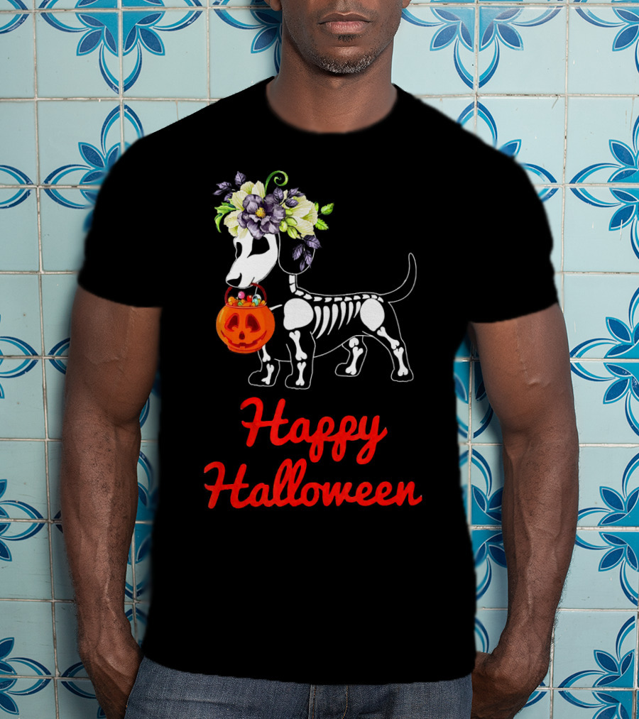 Happy Halloween Skeleton Dachshund With Pumpkin And Floral Crown T-Shirt