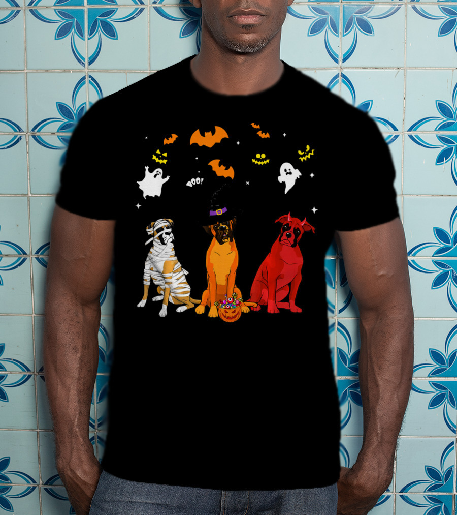 Halloween Boxer Dogs Mummy Witch Ghosts Bats T-Shirt