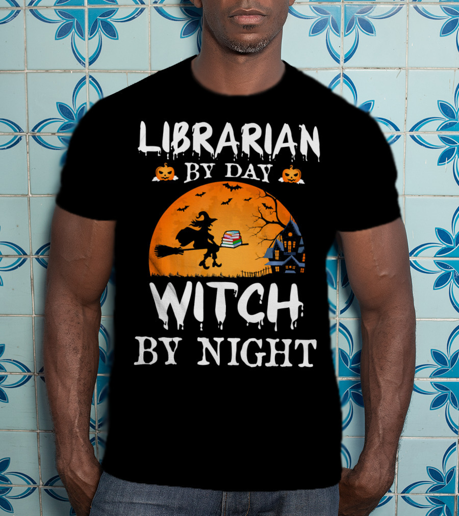Librarian By Day Witch By Night Halloween Broomstick Silhouette With Books And Haunted House T-Shirt