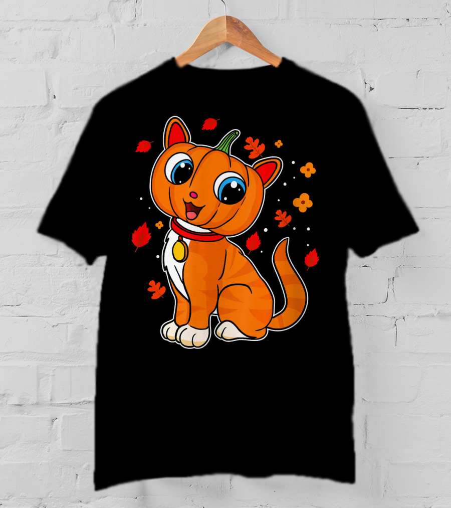 Halloween Pumpkin Cat With Autumn Leaves And Flowers T-Shirt