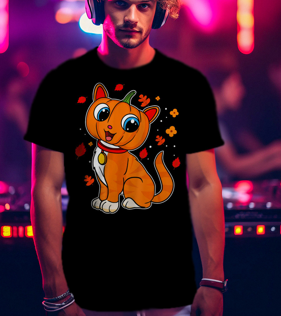 Halloween Pumpkin Cat With Autumn Leaves And Flowers T-Shirt
