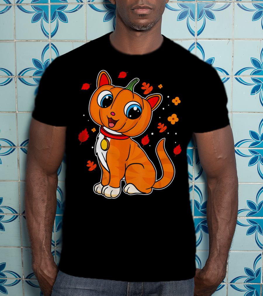 Halloween Pumpkin Cat With Autumn Leaves And Flowers T-Shirt