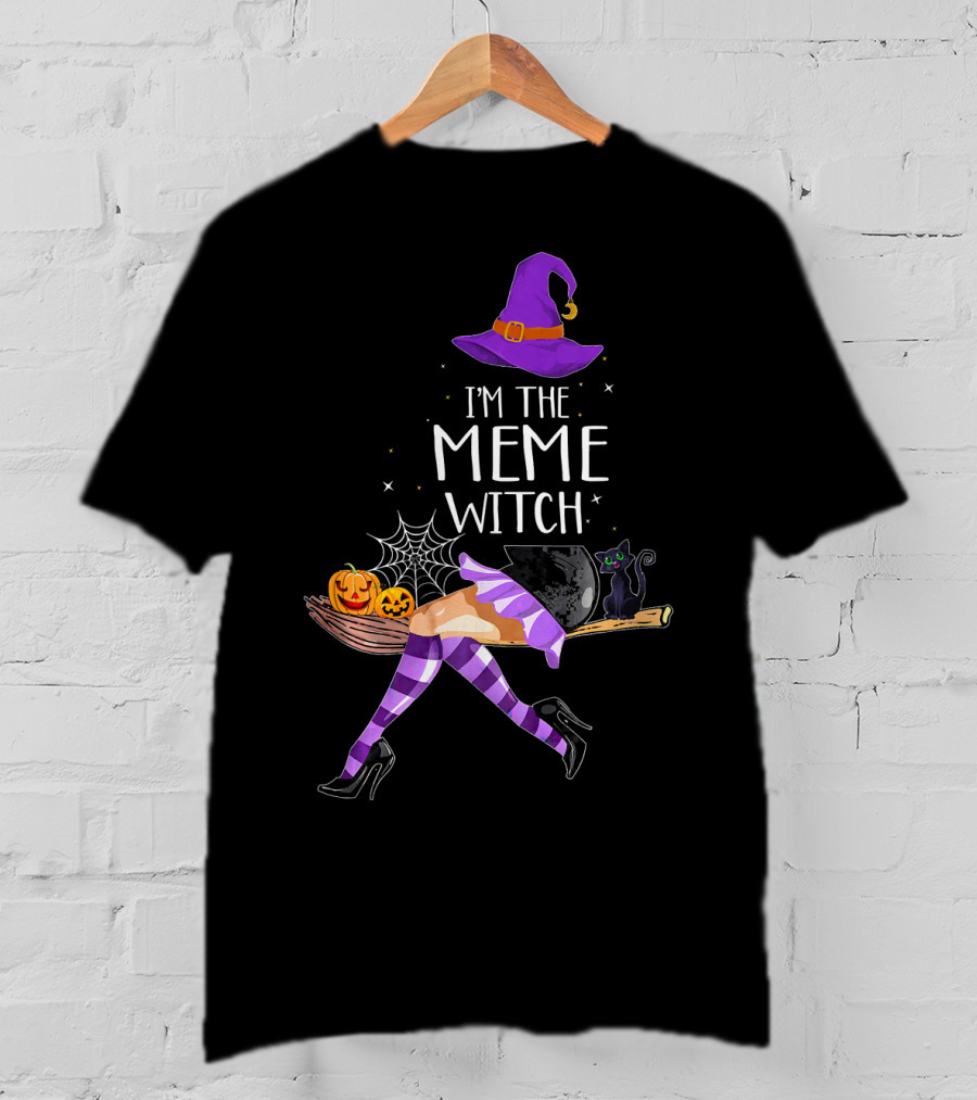 I'm The Meme Witch Halloween Cat Pumpkin Broomstick Hat T-Shirt