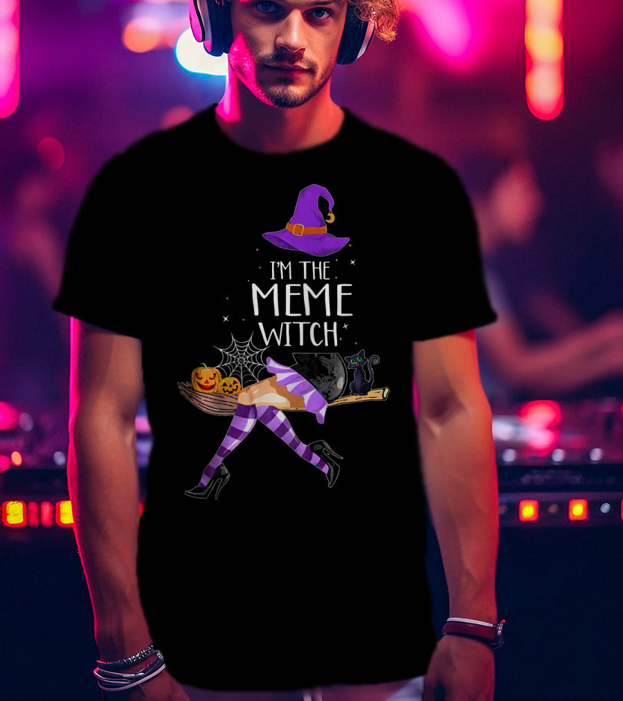 I'm The Meme Witch Halloween Cat Pumpkin Broomstick Hat T-Shirt