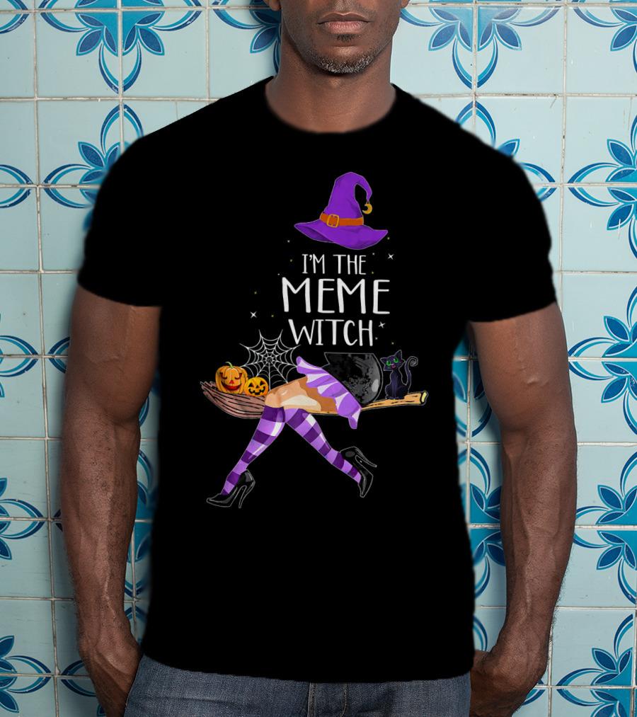 I'm The Meme Witch Halloween Cat Pumpkin Broomstick Hat T-Shirt