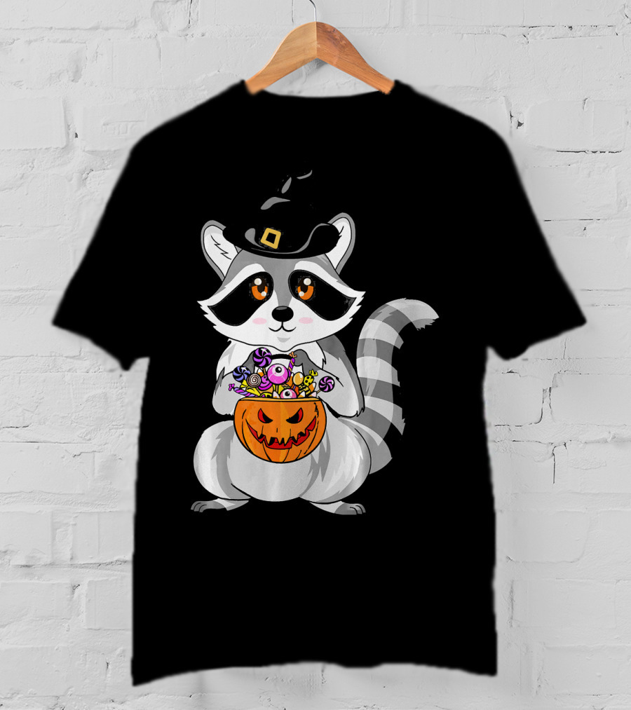 Halloween Raccoon Witch Hat Pumpkin Candy T-Shirt