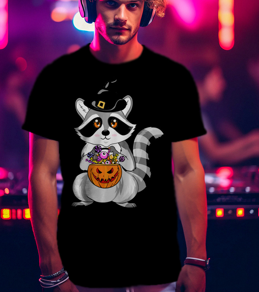 Halloween Raccoon Witch Hat Pumpkin Candy T-Shirt