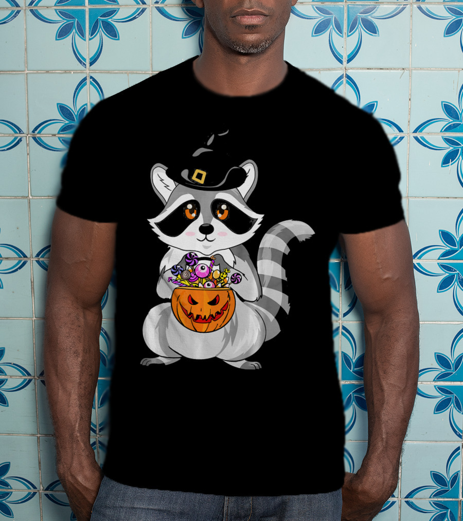 Halloween Raccoon Witch Hat Pumpkin Candy T-Shirt