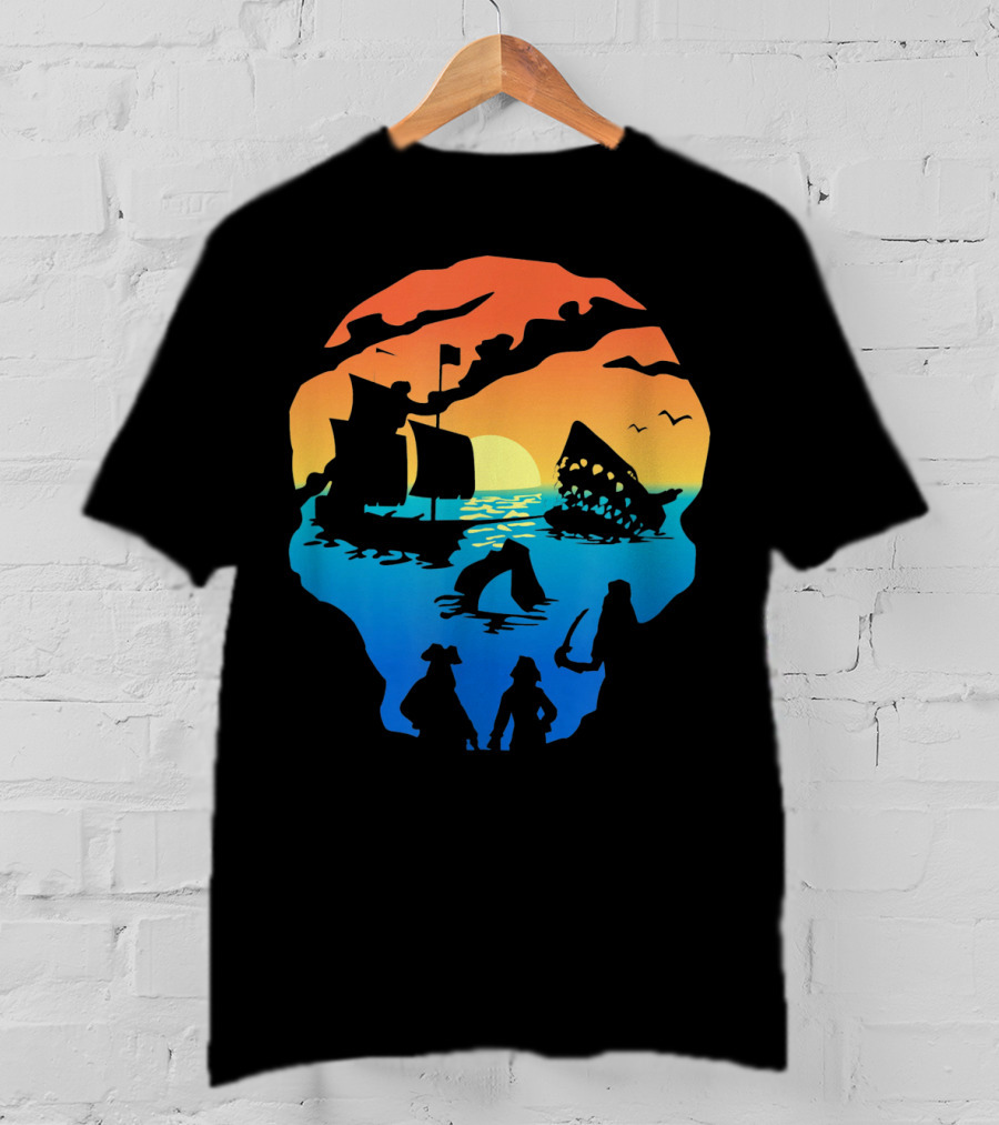 Mens Skeleton Skull Pirate Ship Sunset T-Shirt