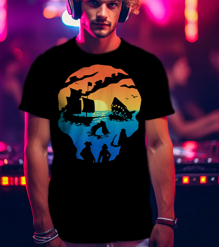 Mens Skeleton Skull Pirate Ship Sunset T-Shirt