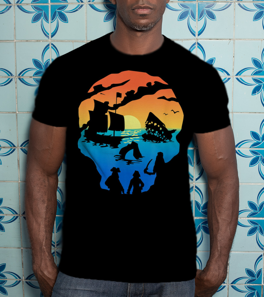 Mens Skeleton Skull Pirate Ship Sunset T-Shirt