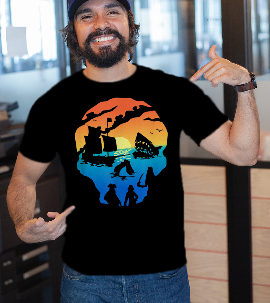 Mens Skeleton Skull Pirate Ship Sunset T-Shirt