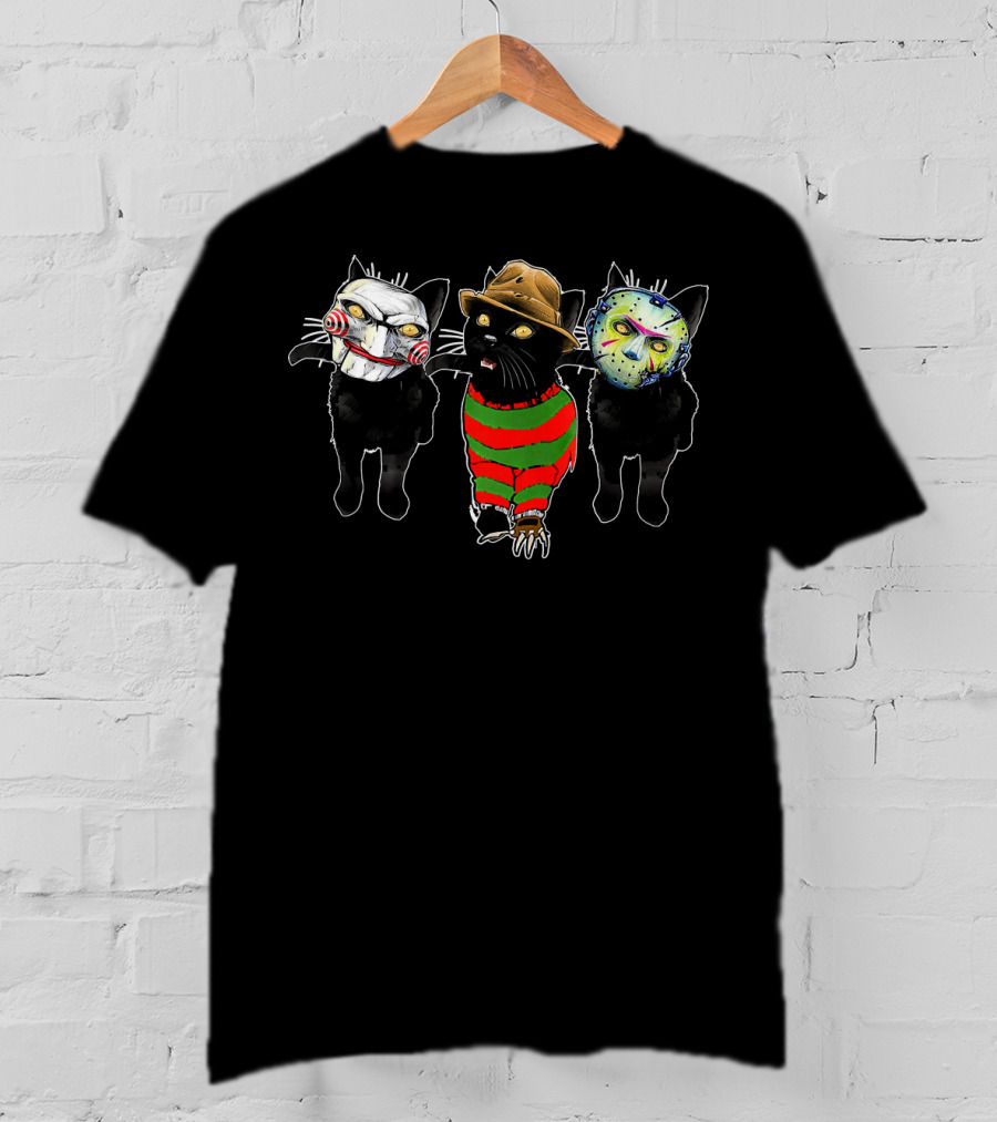 Funny Horror Movie Cats With Iconic Characters Masked Faces T-Shirt