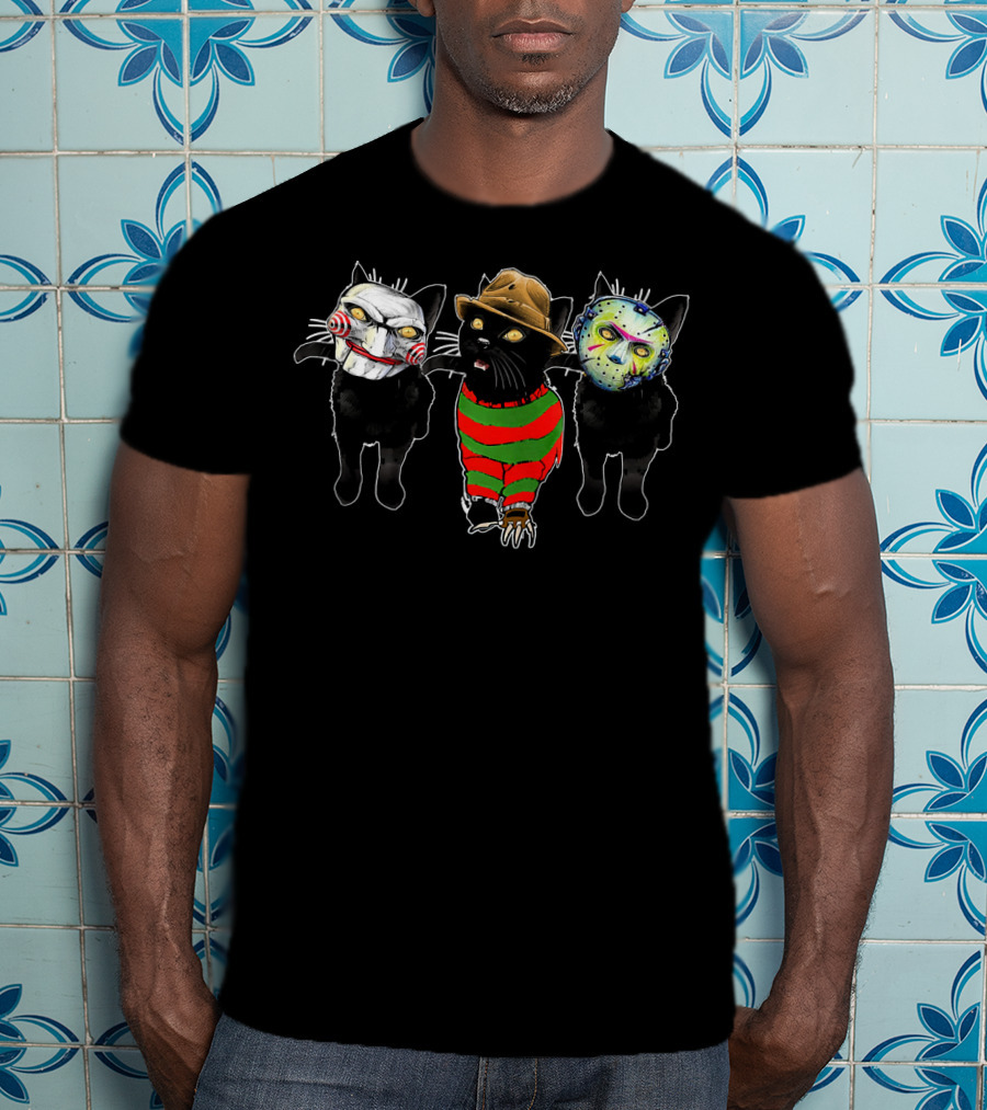 Funny Horror Movie Cats With Iconic Characters Masked Faces T-Shirt