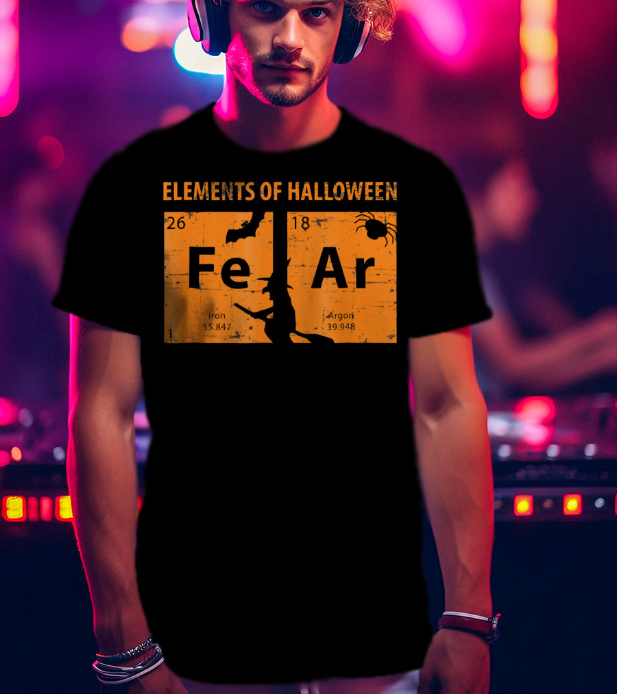 Elements Of Halloween Periodic Table Fe Ar 26 18 Iron Argon Witch Bat Spider T-Shirt