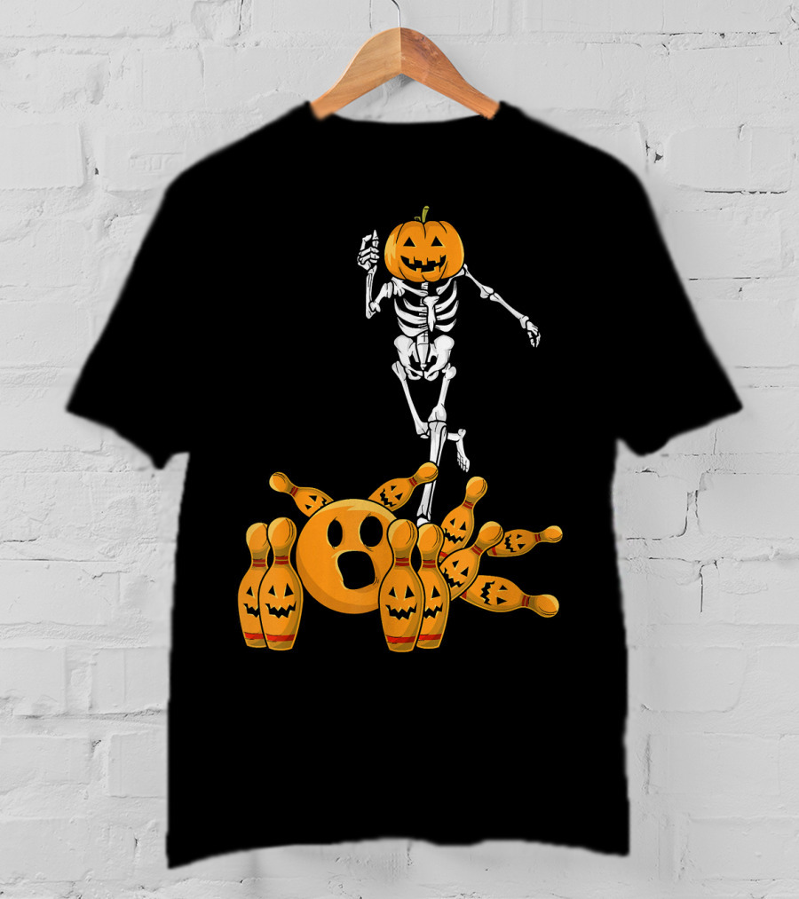 Bones Skeleton Pumpkin Head Halloween Bowling Pin Strike T-Shirt