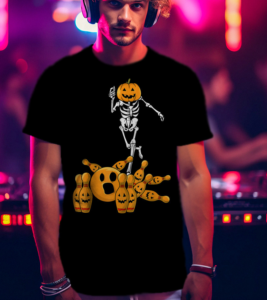Bones Skeleton Pumpkin Head Halloween Bowling Pin Strike T-Shirt