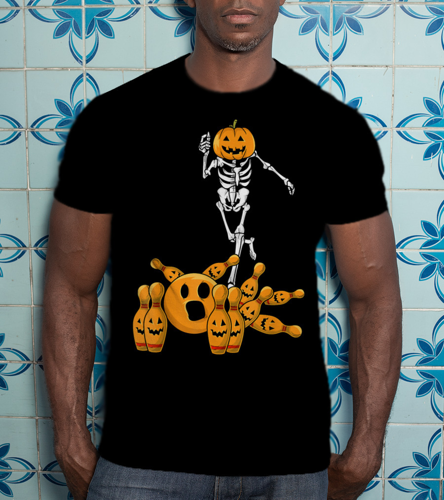 Bones Skeleton Pumpkin Head Halloween Bowling Pin Strike T-Shirt