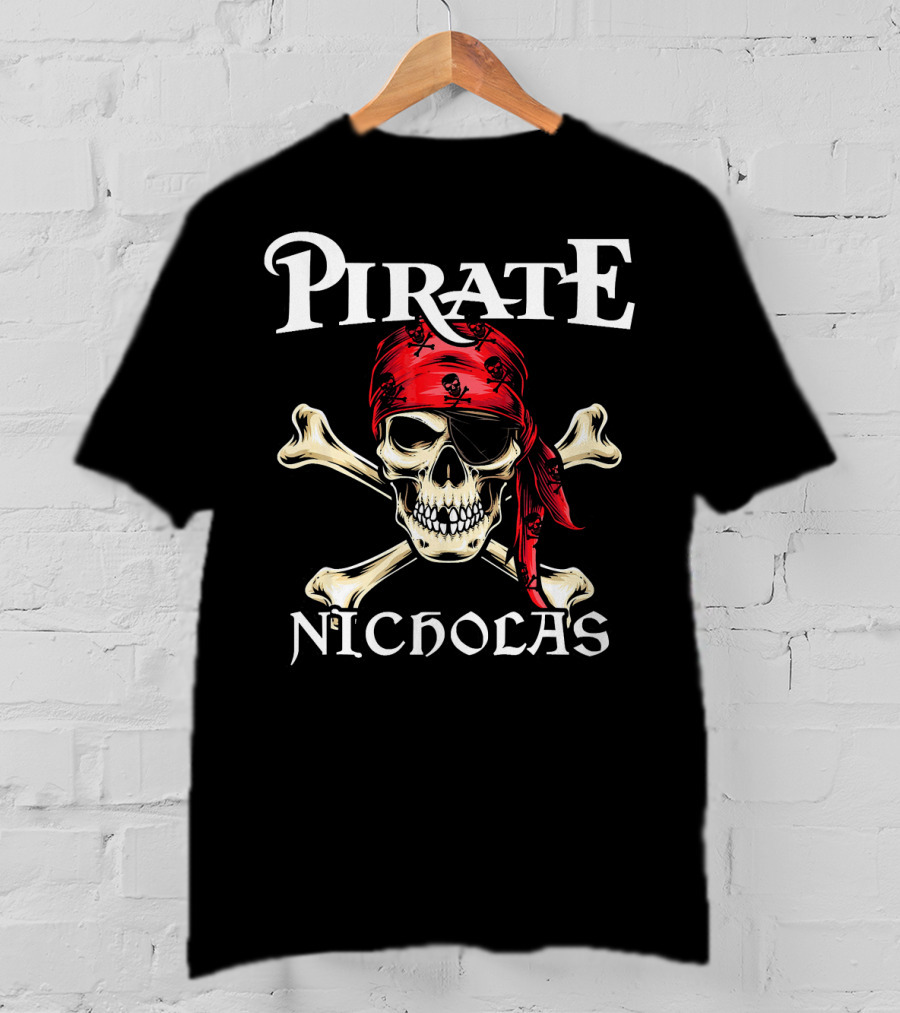 PIRATE NICHOLAS Skull And Crossbones Red Bandana T-Shirt