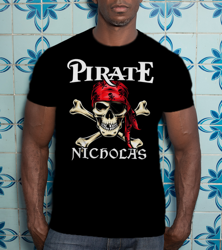 PIRATE NICHOLAS Skull And Crossbones Red Bandana T-Shirt