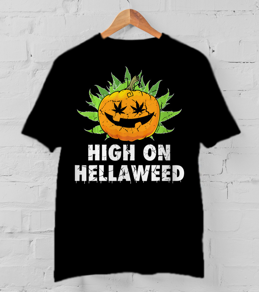 High On Hellaweed Halloween Weed Cannabis Pumpkin Face T-Shirt