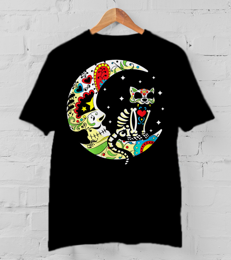 Dia De Los Muertos Halloween Sugar Skull Cat On Crescent Moon T-Shirt