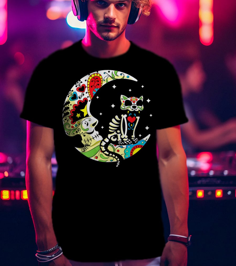 Dia De Los Muertos Halloween Sugar Skull Cat On Crescent Moon T-Shirt