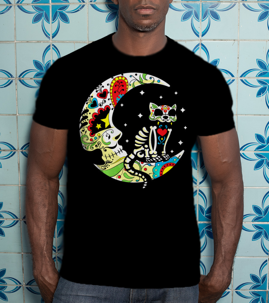 Dia De Los Muertos Halloween Sugar Skull Cat On Crescent Moon T-Shirt