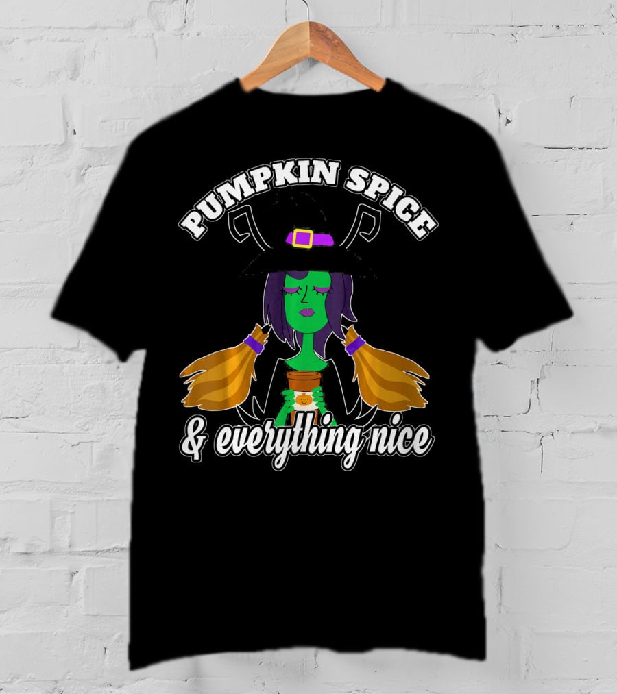 Pumpkin Spice And Everything Nice Witch Green Face Hat Brooms T-Shirt