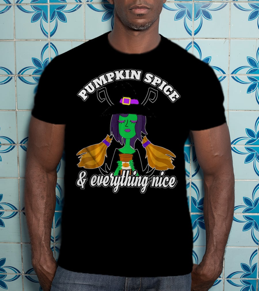 Pumpkin Spice And Everything Nice Witch Green Face Hat Brooms T-Shirt
