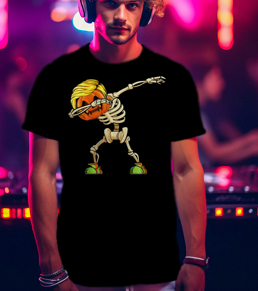 Funny Halloween Dabbing Skeleton Pumpkin With Golden Hair And Colorful Sneakers T-Shirt