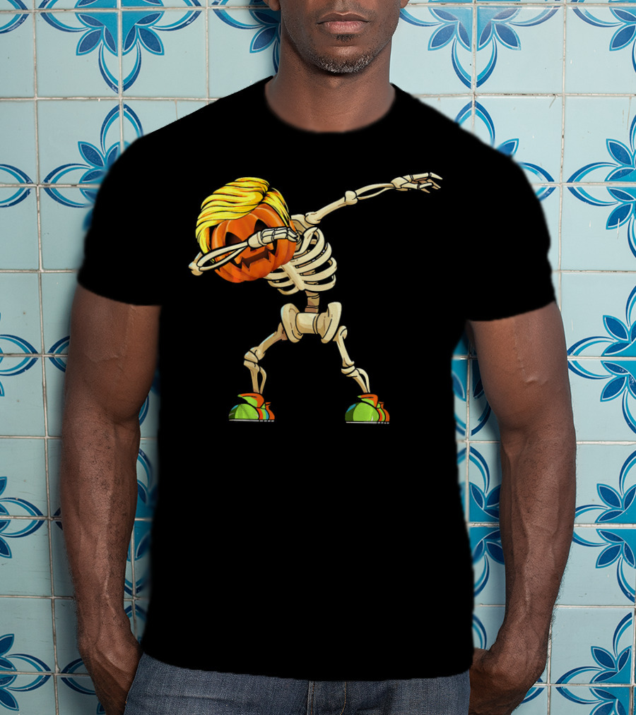 Funny Halloween Dabbing Skeleton Pumpkin With Golden Hair And Colorful Sneakers T-Shirt