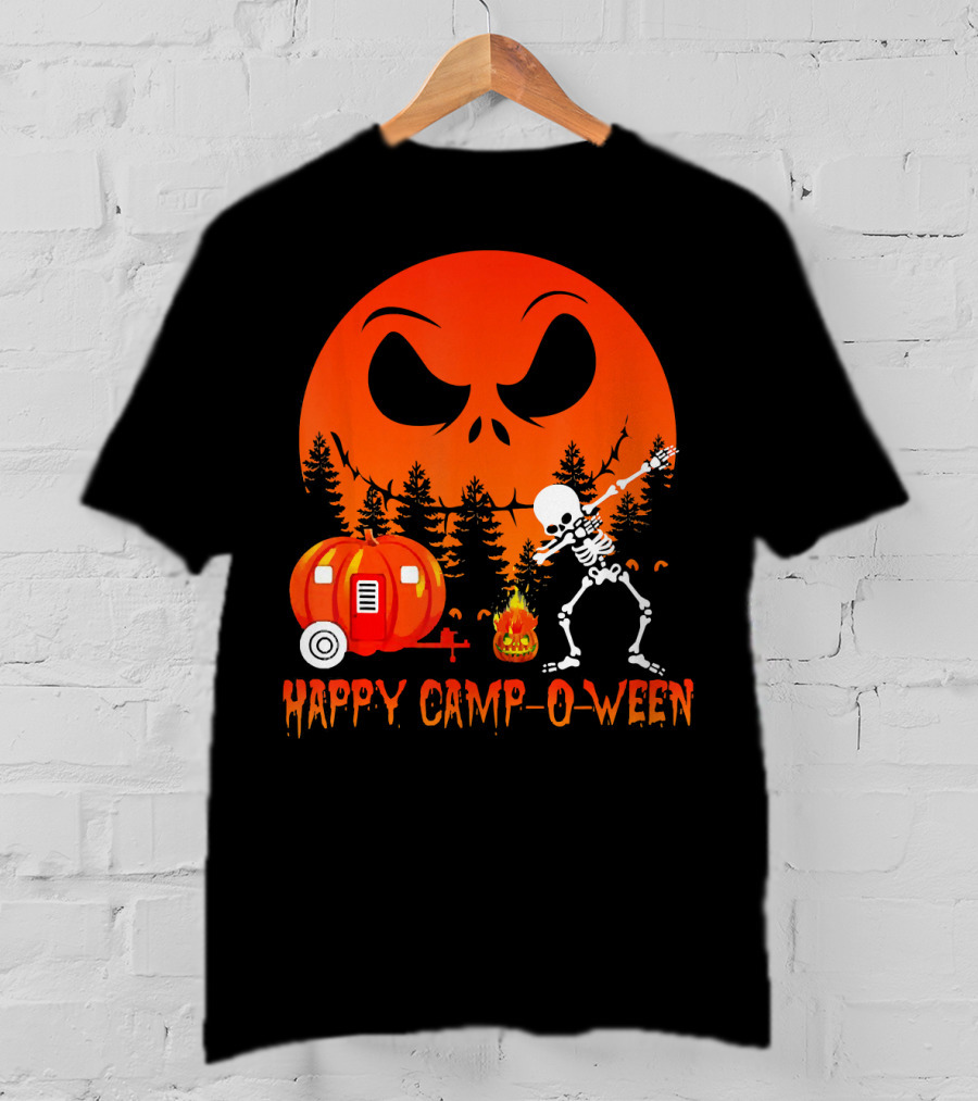 Happy Camp-O-Ween Skeleton Dab Pumpkin Camper Spooky Forest Scene T-Shirt