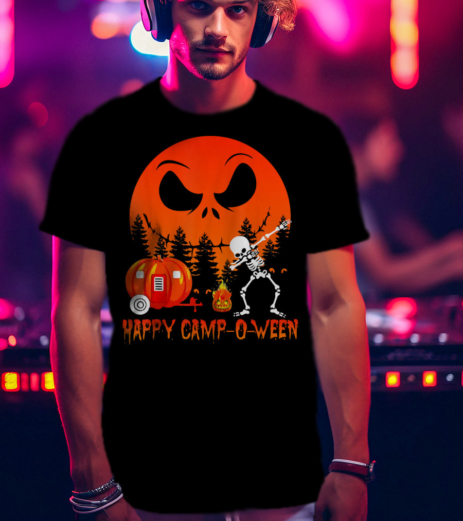 Happy Camp-O-Ween Skeleton Dab Pumpkin Camper Spooky Forest Scene T-Shirt